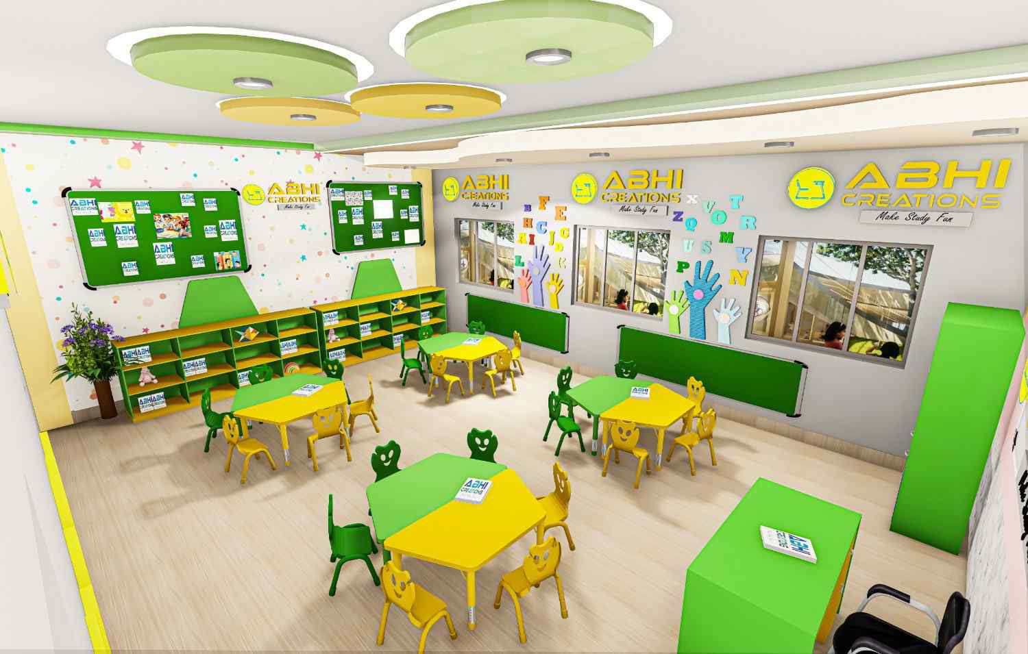Colorful preschool classroom setup designed by a school furniture manufacturer with kids tables, chairs, storage units, and learning décor.