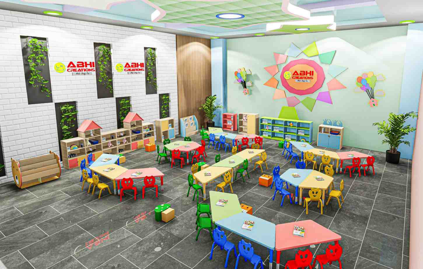 Colorful preschool classroom setup by Abhi Creations, a trusted School furniture Manufacturer with kids tables, chairs and units.